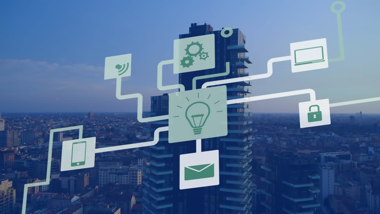 Animation of media icons over cityscape