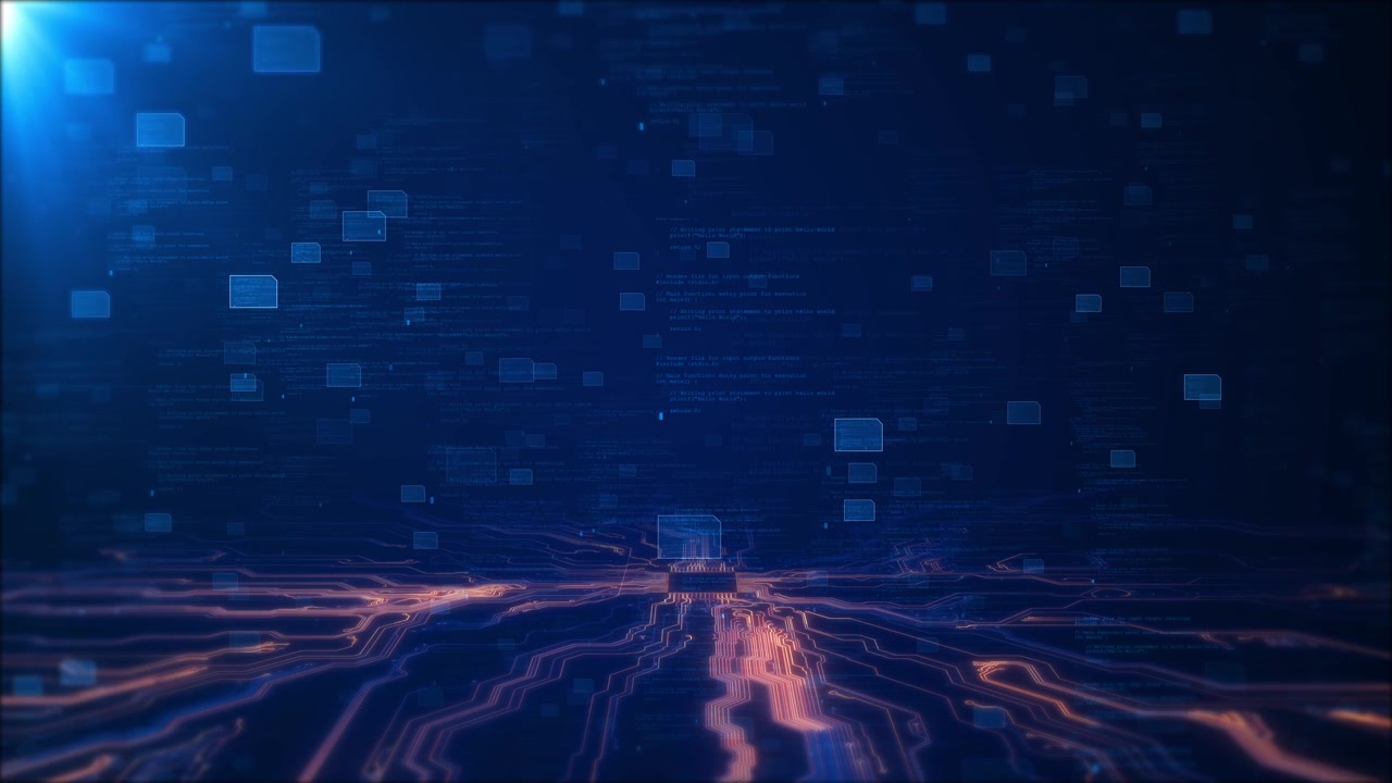 Futuristic software scene with luminous circuit paths floating blue interface panels and deep
