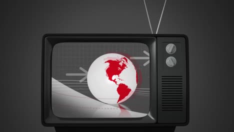pantalla de noticias de televisión antigua con globo digital rojo y blanco giratorio