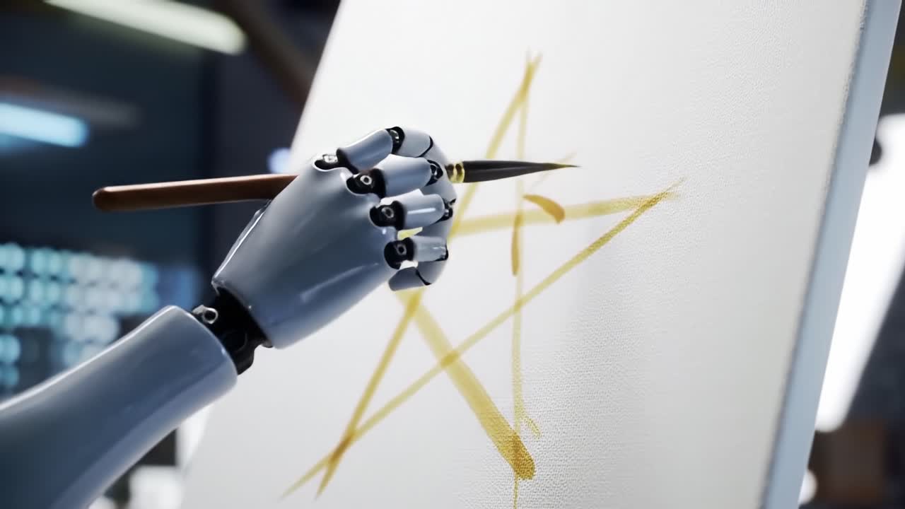 Transformative Artistry: A Robotic Hand Crafts a Golden Star on Canvas, Merging Technology and Creativity in a Stunning Display of Innovation