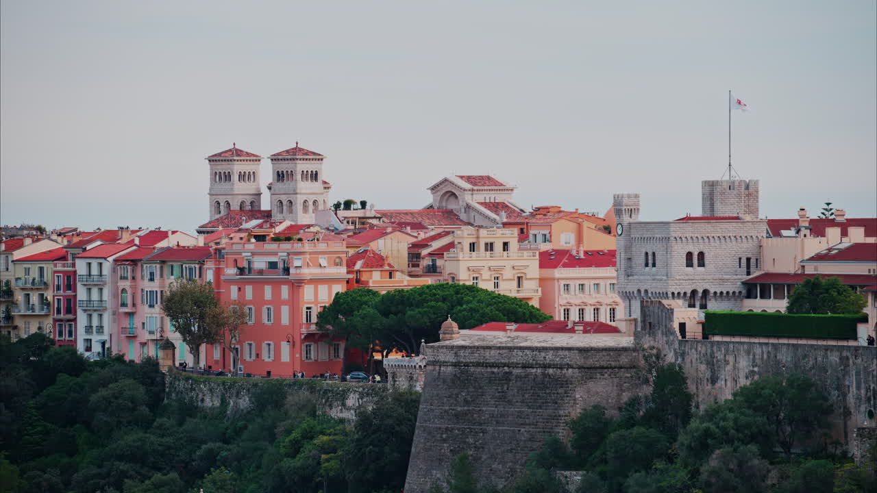Distant aerial view of the Prince's Palace in the skyline of Monaco