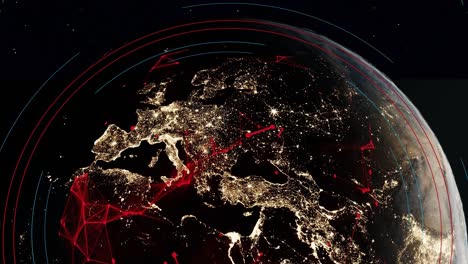 Der-Planet-Erde-Dreht-Sich,-Blick-Aus-Dem-Leeren-Dunklen-Weltraum,-NASA-Satellit-Mit-Netzwerkverbindung,-Geschwindigkeitsdaten,-Internet-Zwischen-Smart-City,-Moderner-Metropolhauptstadt,-Animation-Europas-Aus-Dem-Weltraum