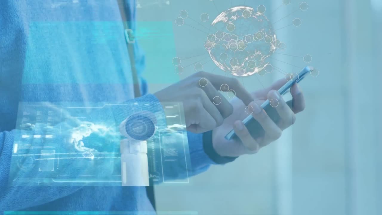 스마트폰을 사용하는 사업가에 대한 지구의 애니메이션과 데이터 처리