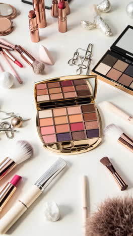 a collection of makeup products with an eyeshadow palette and brushes