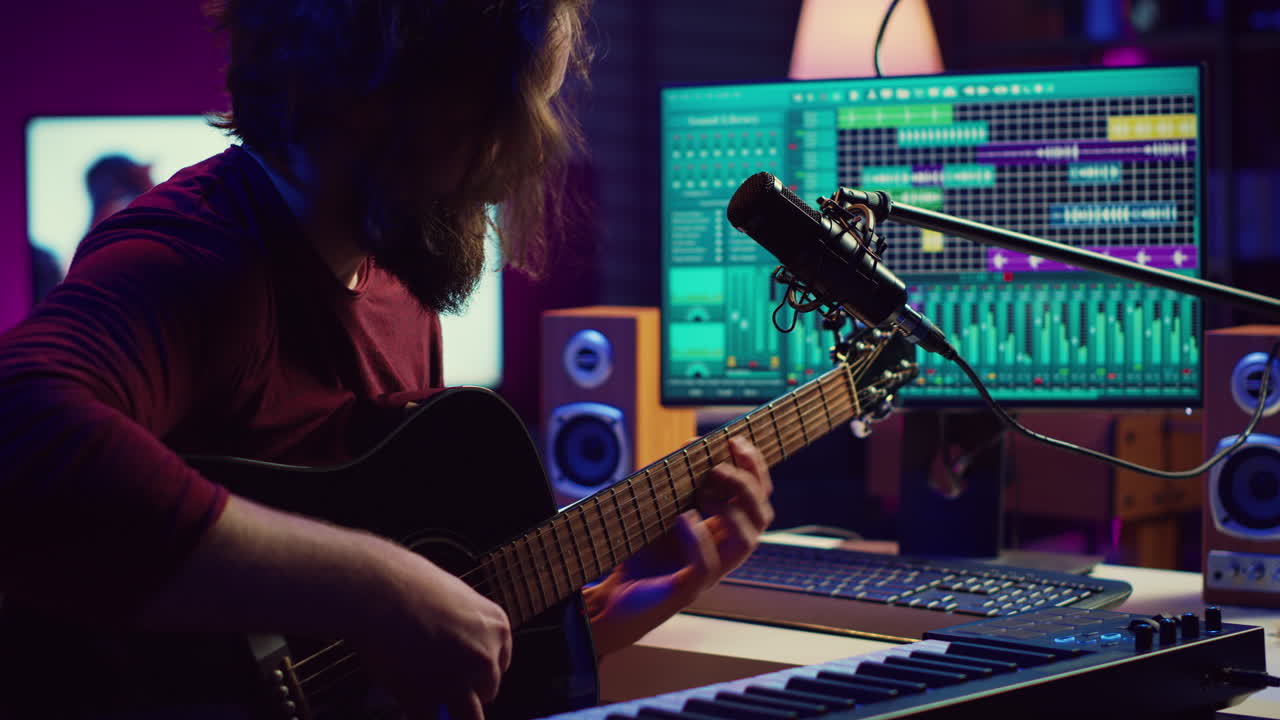 artista componiendo una canción con su guitarra acústica en su estudio casero