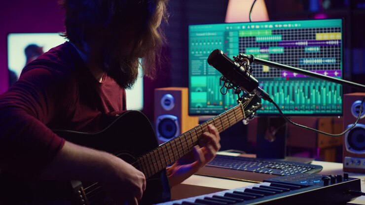 Artista che compone una canzone con la sua chitarra acustica in home studio