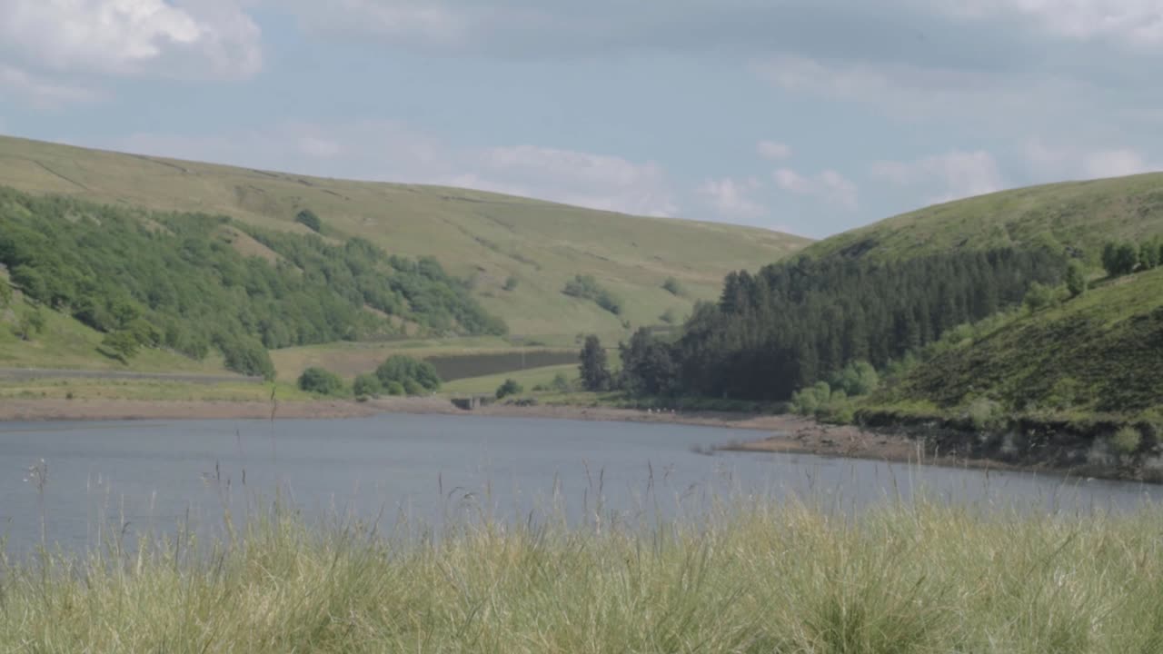 Butterley reservoir and Yorkshire hills wide tilting shot