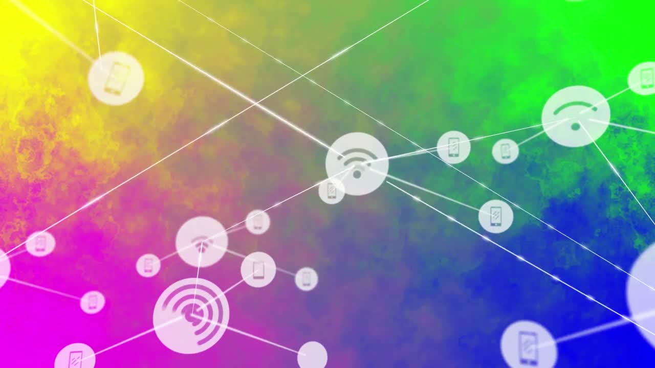 다채로운 연기의 구름 위에 있는 사람 아이콘과 연결망의 애니메이션