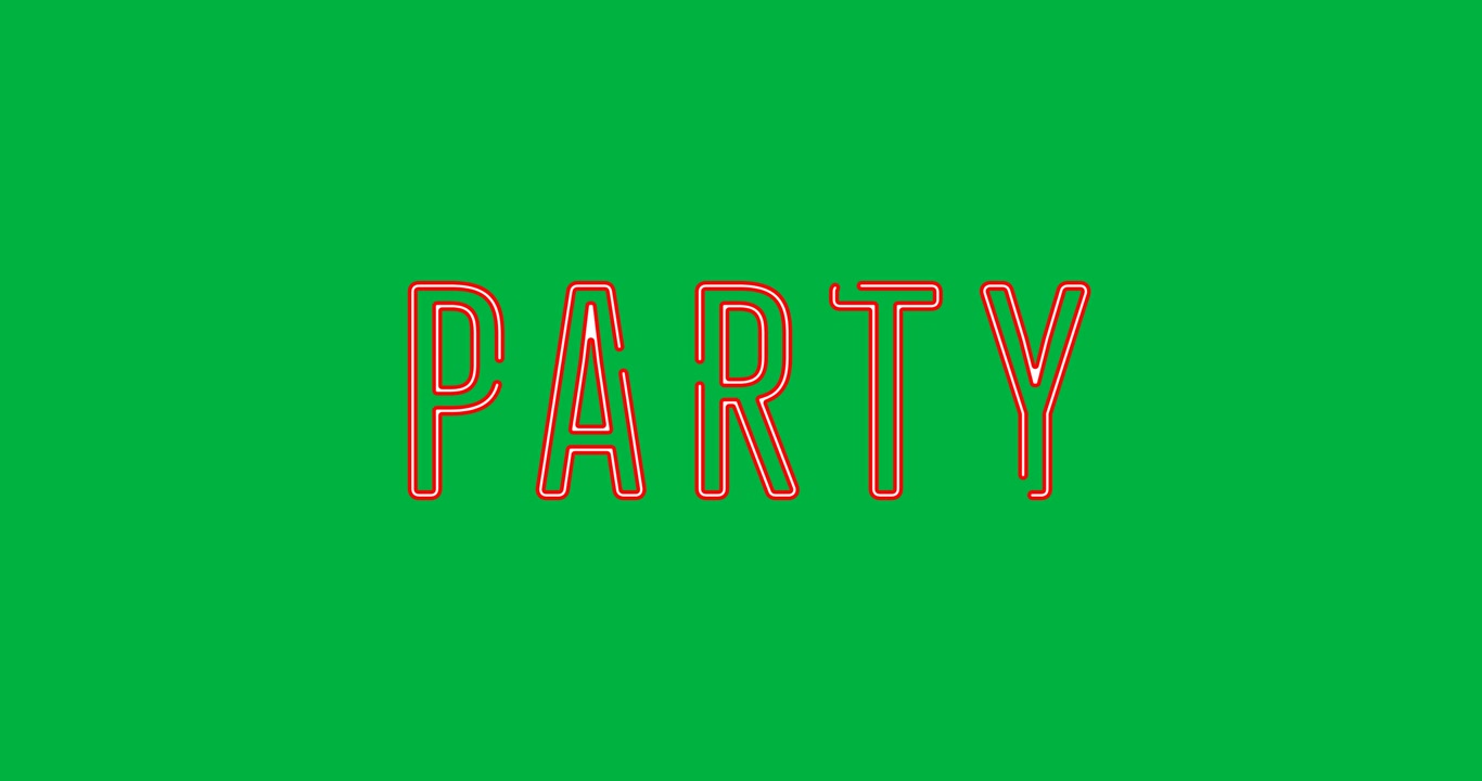 Animazione digitale di banner testuale 'party' arancione neon su sfondo nero