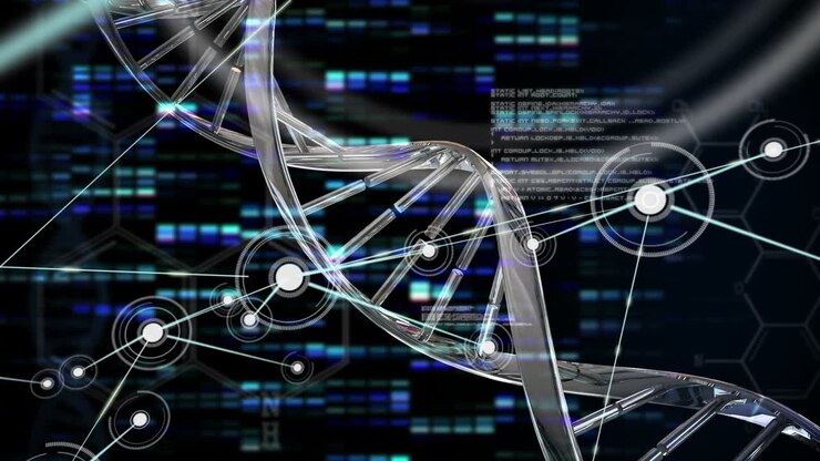 Animation of dna strand and network of connections over light trails