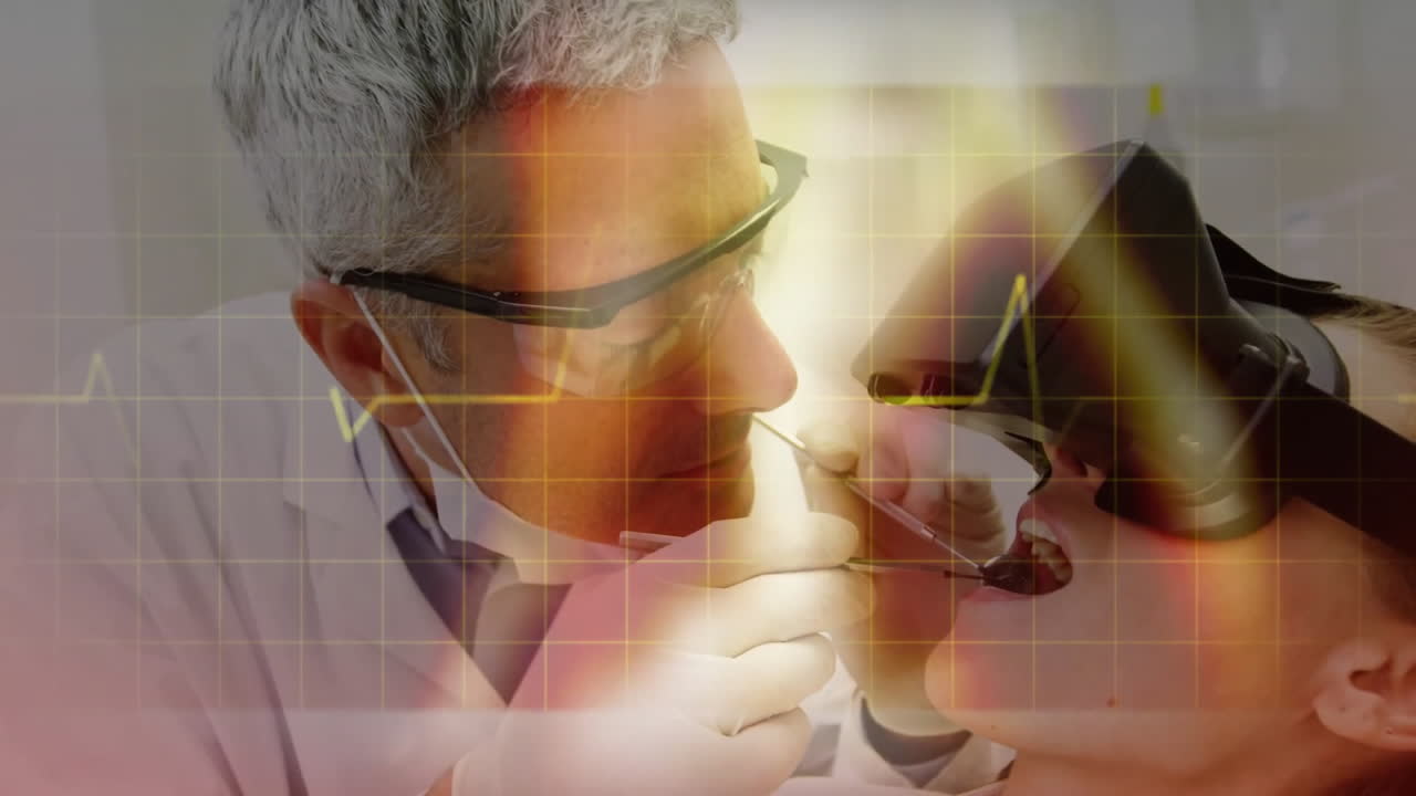 animación de la cuadrícula con pulso sobre el dentista caucásico y el paciente con auriculares vr en la oficina
