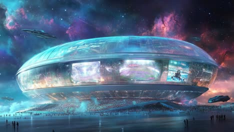 futuristic space stadium in the cosmos