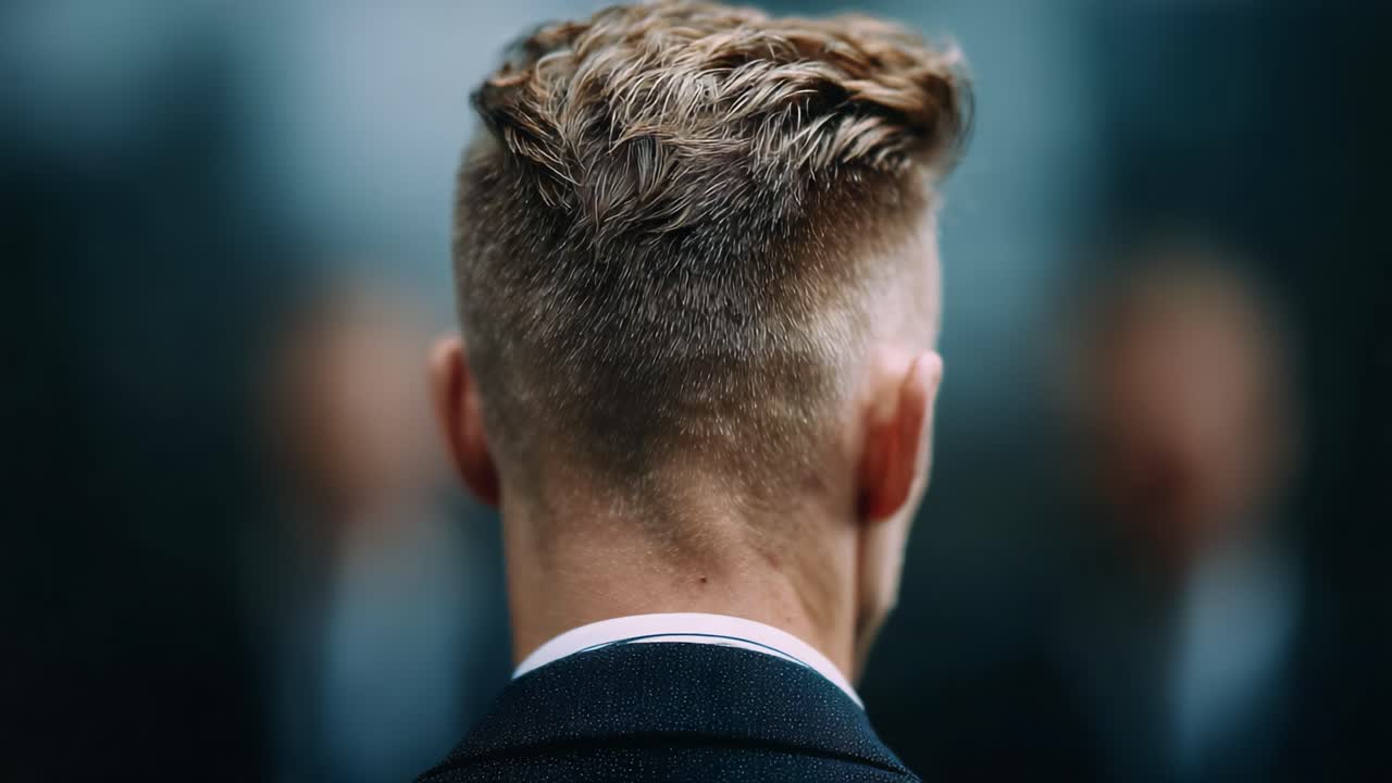 A Stylish Man with Short Hair and a Tapered Fade, Dressed in a Smart Suit, Facing the Reflection in a Reflective Surface, Captured with a Professionally Blurred Background