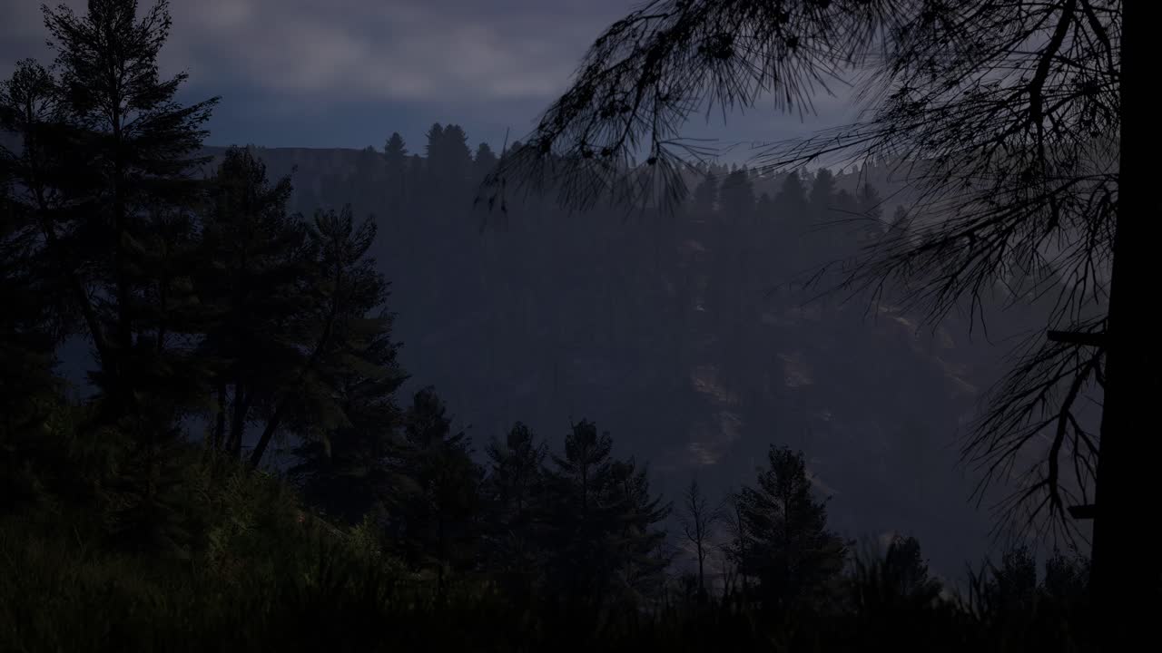 a dark pine forest with mist and mountain range at the background, 3D animation, animated scene, camera zoom in