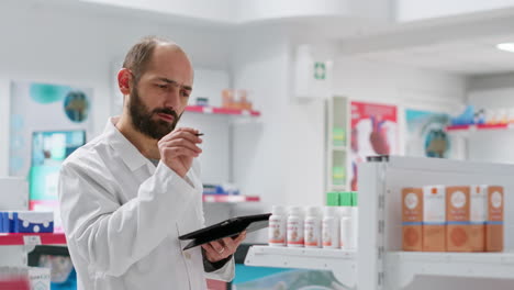 Medical-employee-keeps-an-eye-on-medicine-boxes-on-shelves