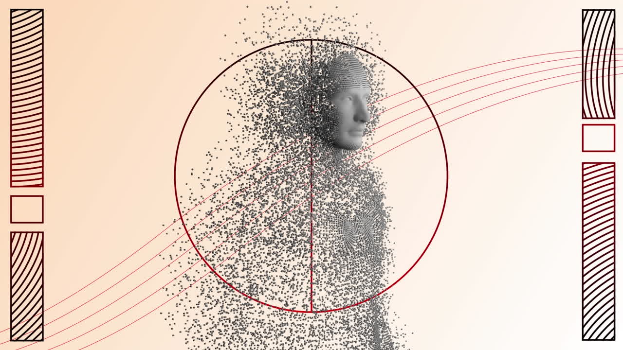 animación del cuerpo humano formada con partículas explosivas y figuras geométricas en un fondo brillante