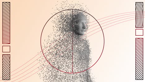 animation of human body formed with exploding particles and geometry figures on bright background