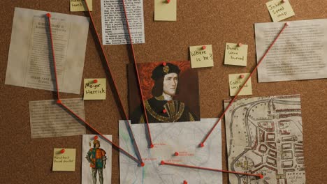 3D animation showing an investigation board with photos and evidence