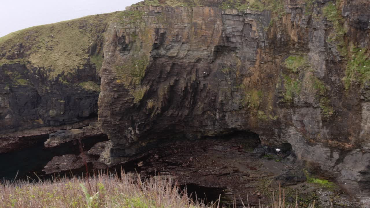 Establishing shot of birds flying within the inlet at the Whaligoe steps