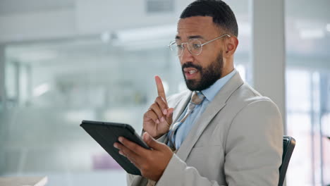 Businessman,-thinking-and-reading-news-with-tablet