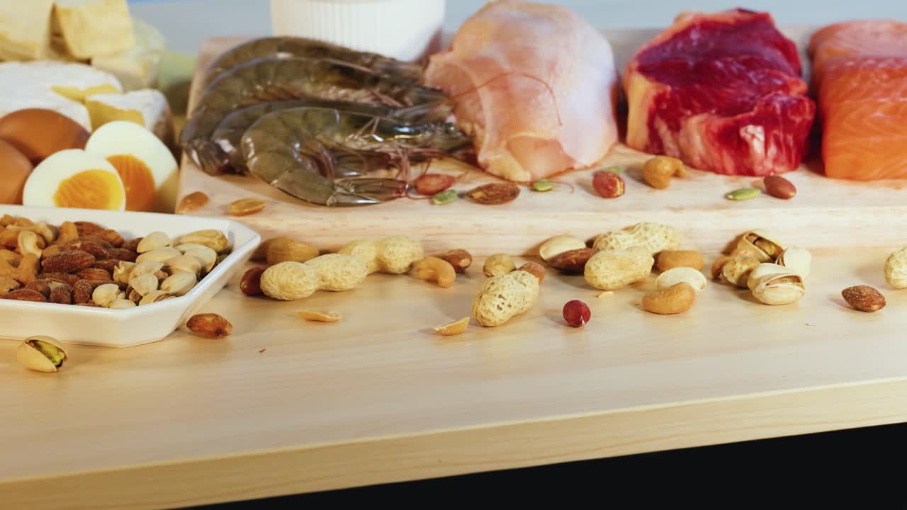 una vibrante exhibición de varios alimentos ricos en proteínas, incluidos nueces, mariscos, carnes y productos lácteos contra un fondo brillante