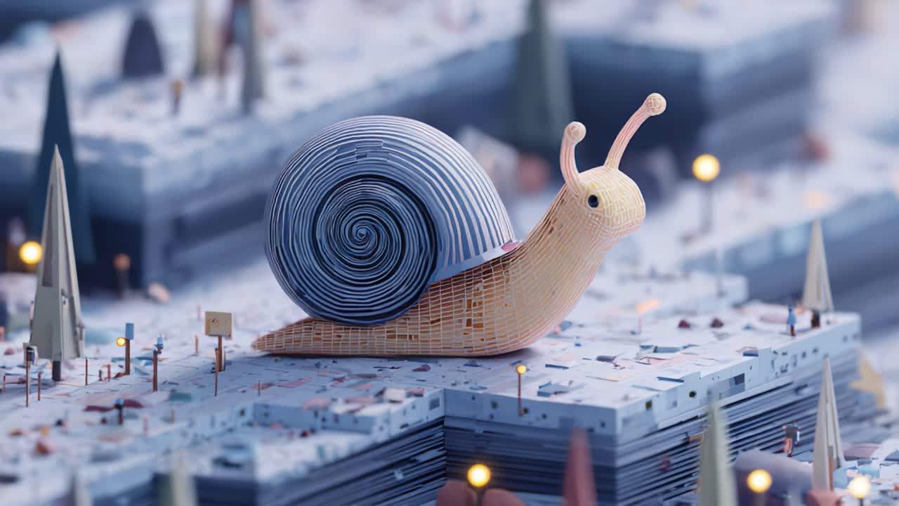 A Charming Render of a Whimsical Snail Progressing Across an Enchanted Terrain Surrounded by Blue-toned Trees and Twinkling Lights, Capturing Nature's Intrigue and Magic