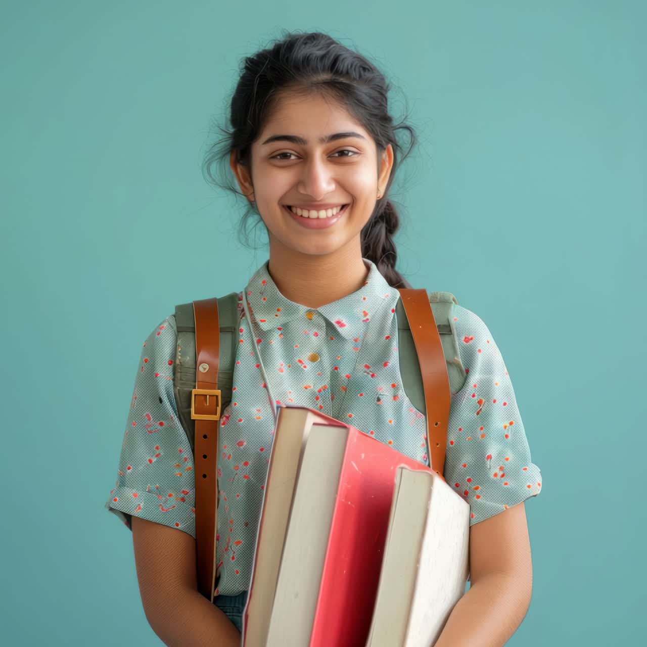 Studente sorridente che tiene in mano dei libri, ripreso da un'angolazione frontale.
