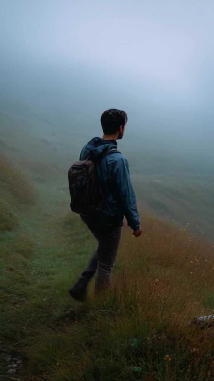 A lone hiker explores a misty landscape, surrounded by lush grass and a mysterious fog, capturing the essence of adventure and solitude in wilderness exploration.