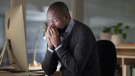 black man, senior worker blowing nose