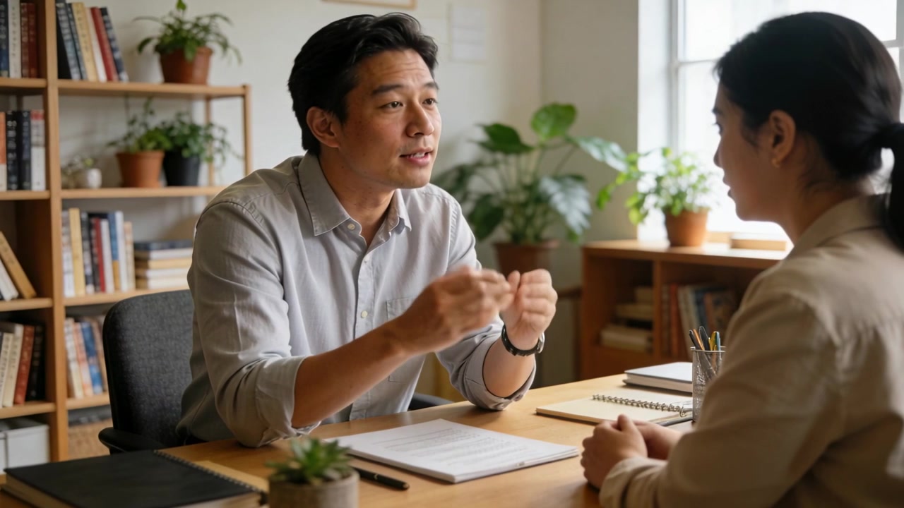 オフィスデスクで、グレーのシャツを着た男性が身を乗り出し、手振りで書類を説明しており、女性が耳を傾けている。