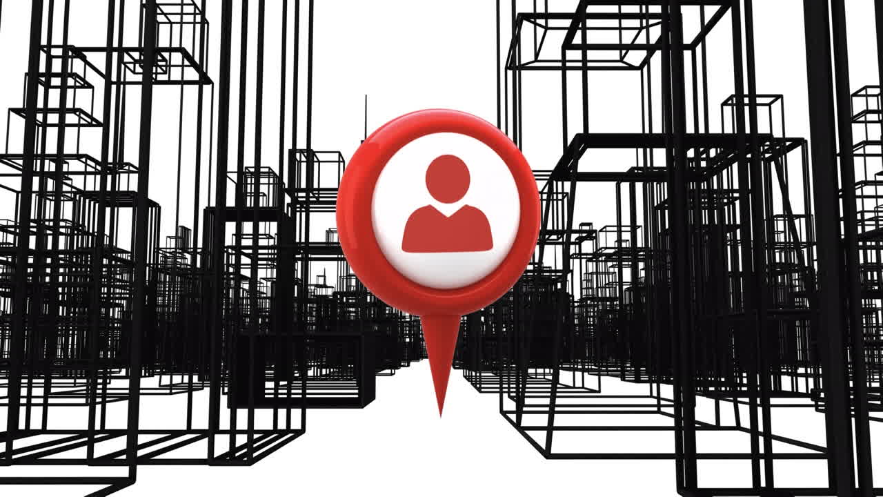 анимация медиа-иконы над цифровым городом на белом фоне