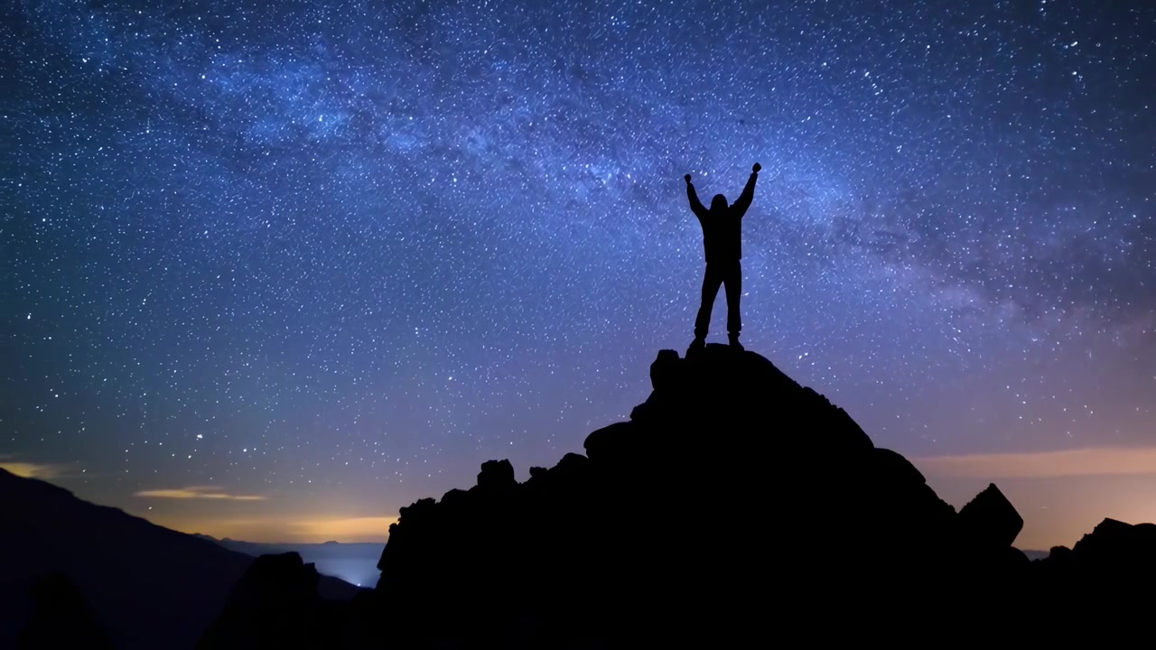 Silueta de persona con los brazos en alto en la cima de una montaña de noche en time-lapse