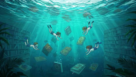 underwater exploration: students dive into a mystical library of knowledge surrounded by floating books and enigmatic atmosphere beneath the waves