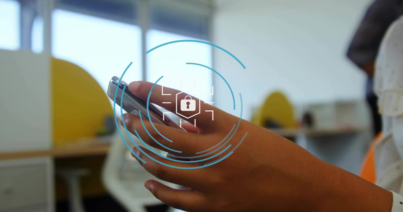 Office worker tapping smartphone initiating reticle and fading lock icon indicating authentication