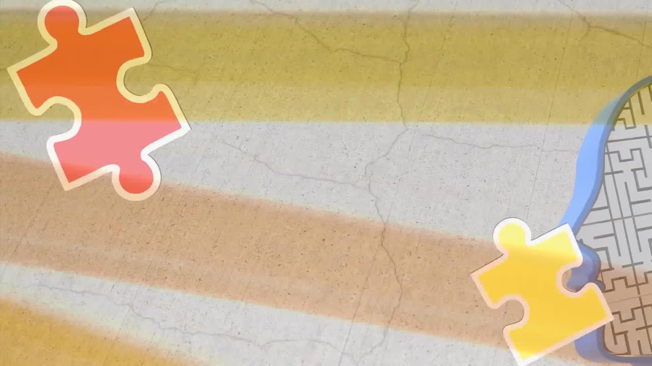 인간의 머리 위에 떨어지는 퍼즐의 애니메이션으로 미로와 회전하는 줄무 ⁇ 가 배경입니다.