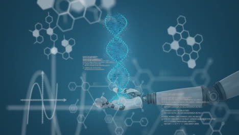 holding dna strand, robotic hand processing scientific data in animation