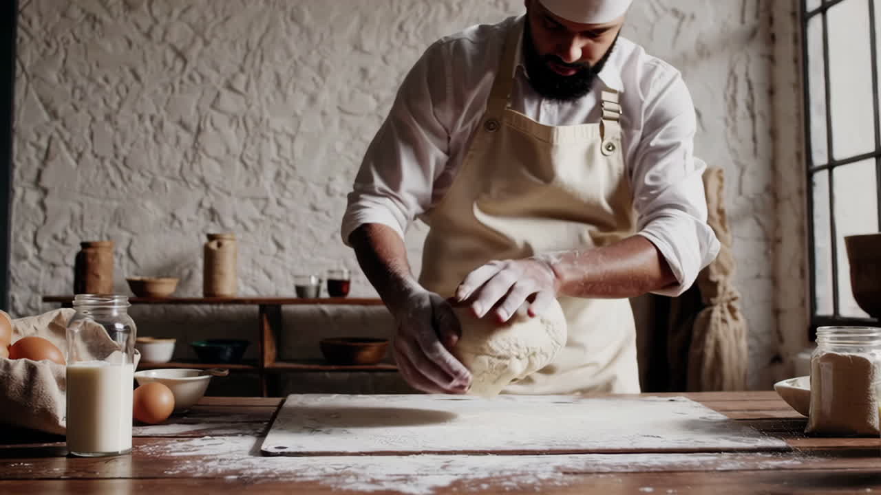 A baker kneading dough and sprinkling flour in a rustic kitchen
