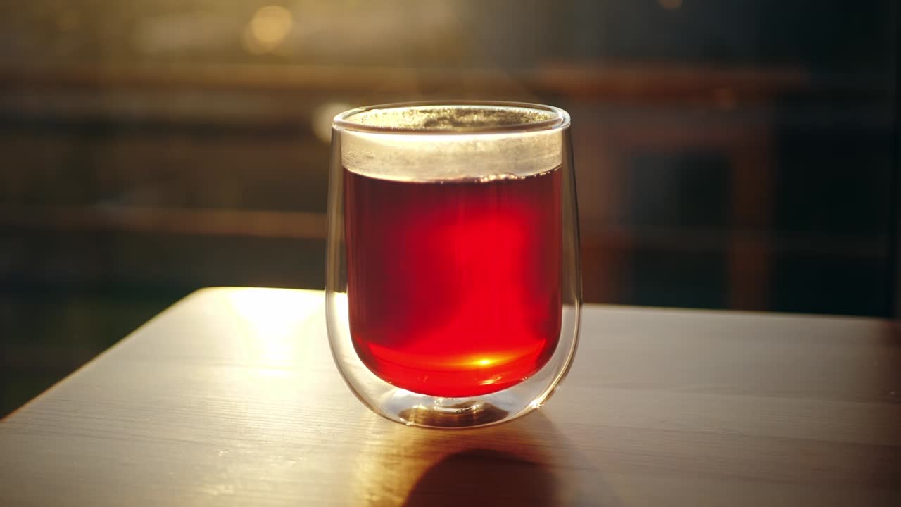 석양에 느린 동작으로 유리잔에 차에 우유를 붓는다