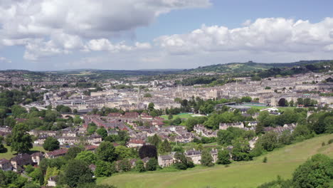 aerial pedestal shot rising to reveal the city of bath skyline in the south west of england on a sunny summer’s day