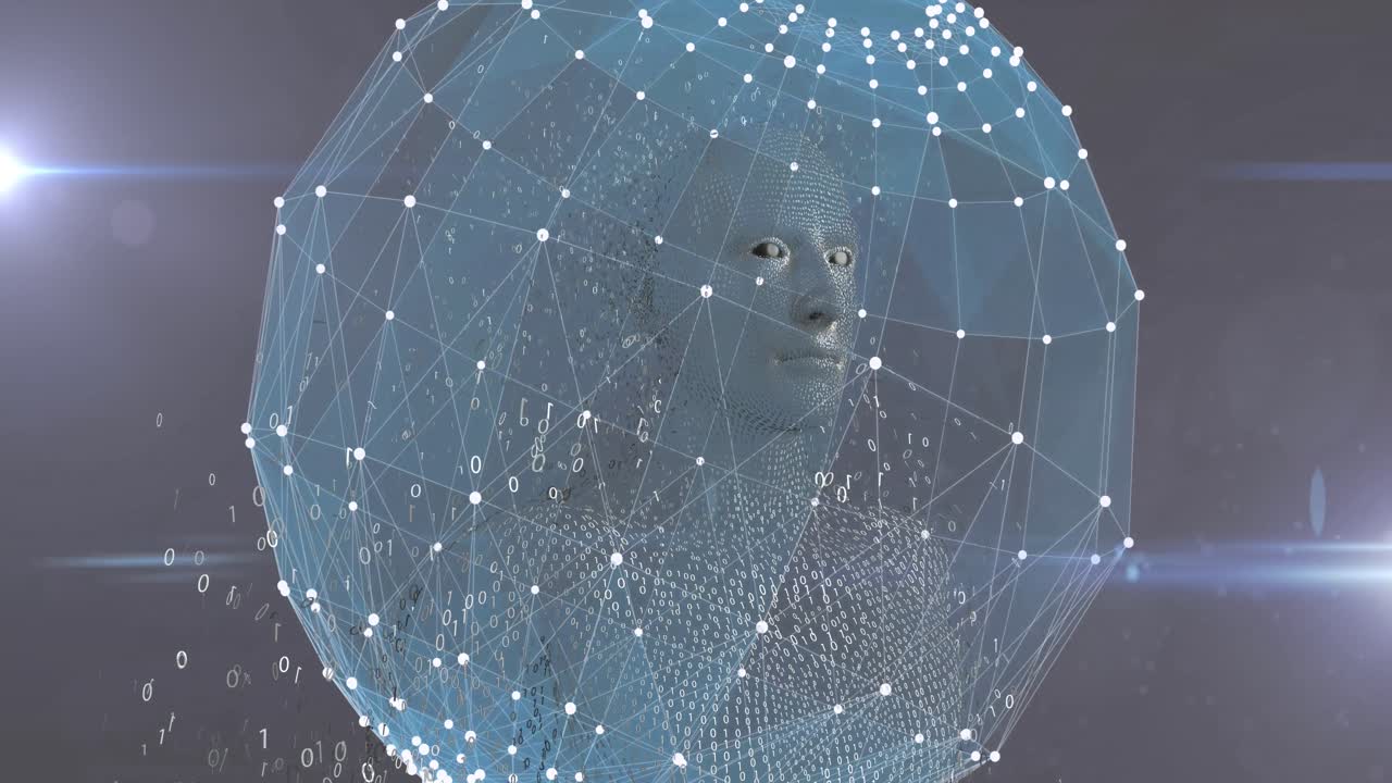 Male human body model and binary coding against globe of network of connections on grey background