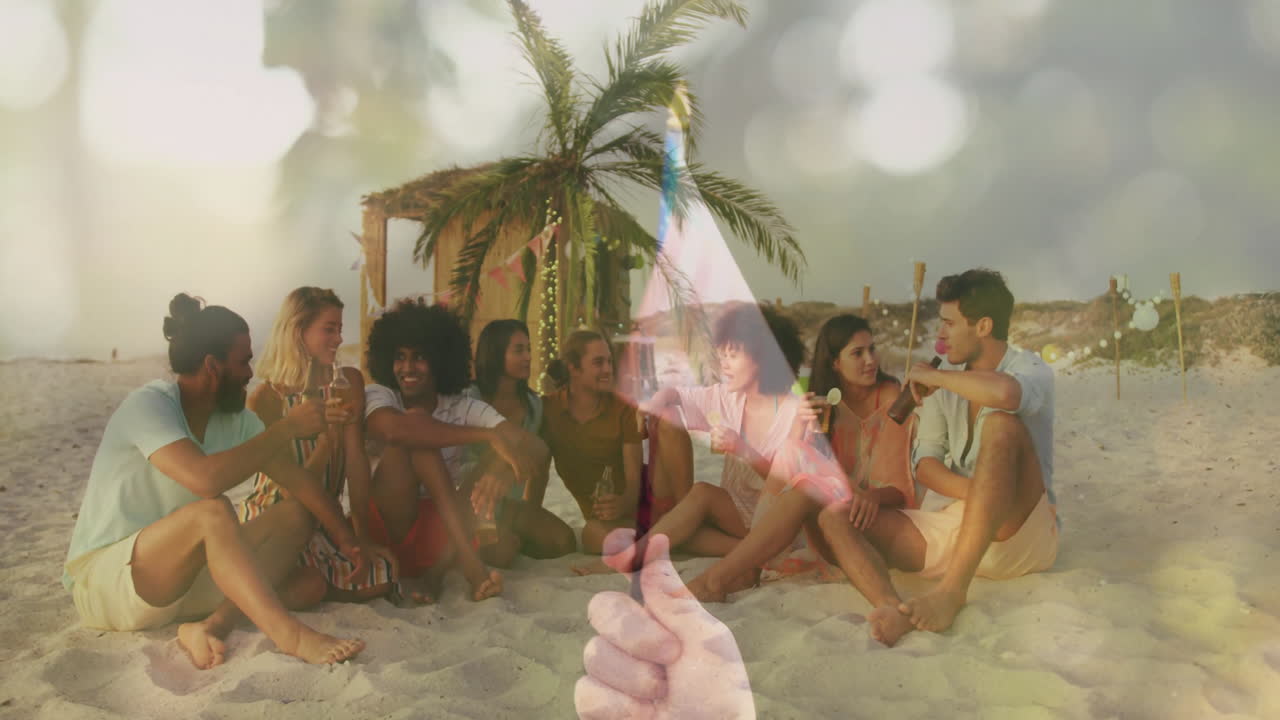 On beach, friends holding drinks with American flag animation overlaying scene