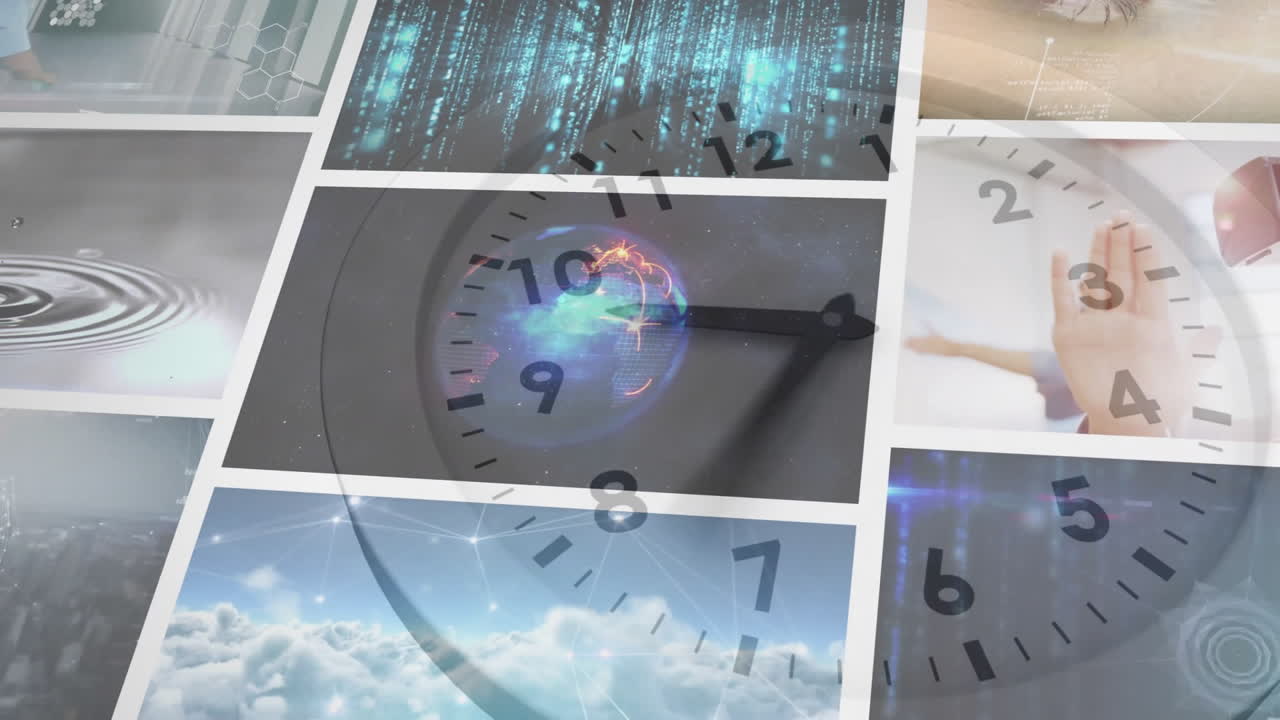 Clock face overlaying animation of digital images and binary code, symbolizing technology