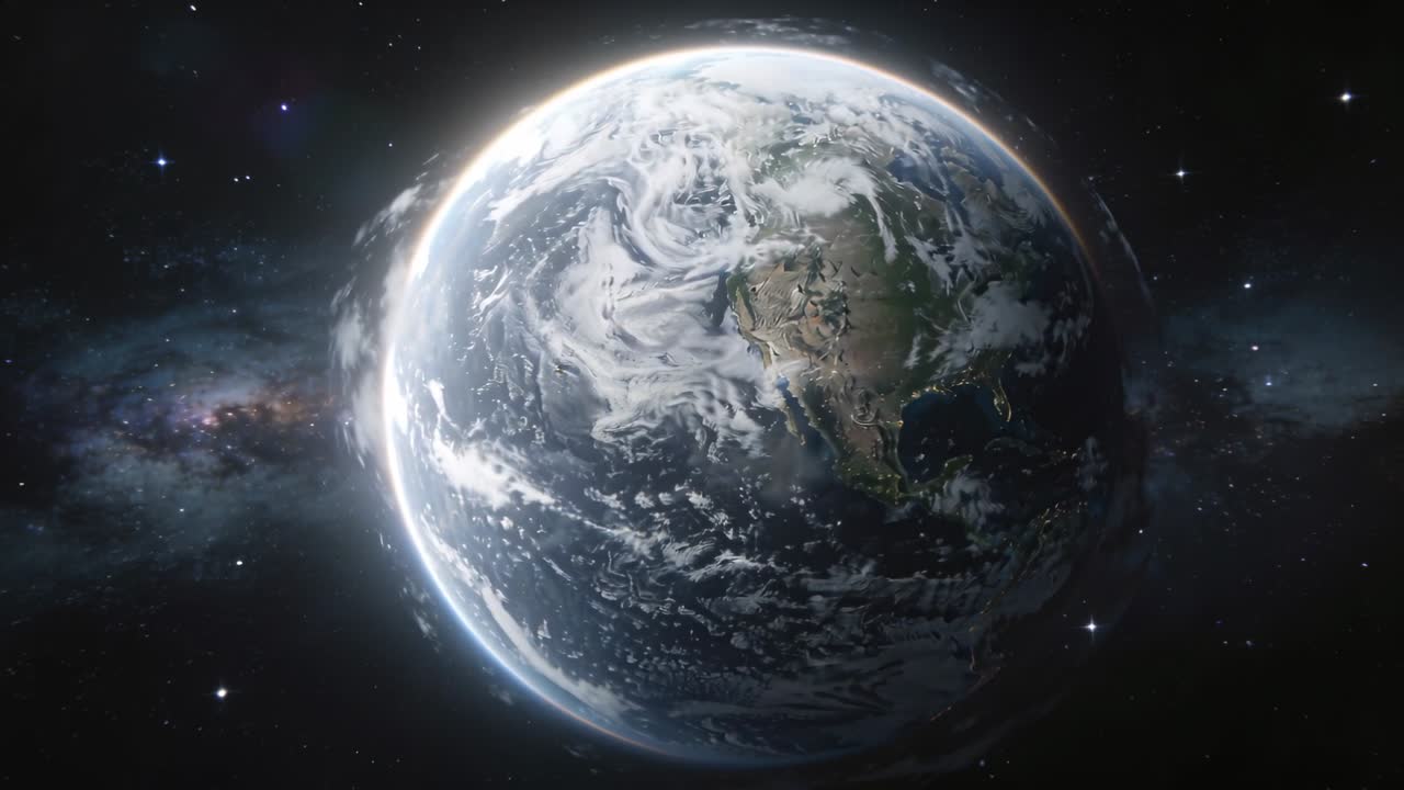 Spinning Earth showing slight shift to right from axial rotation at deep space, with cloud swirls