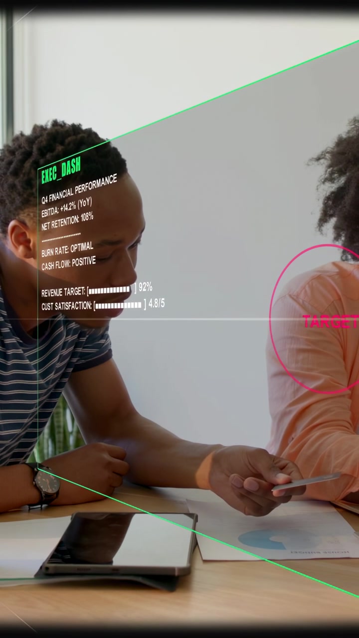 Vertical video: Man reaching for phone as woman sharing phone EXEC DASH overlaying business chart