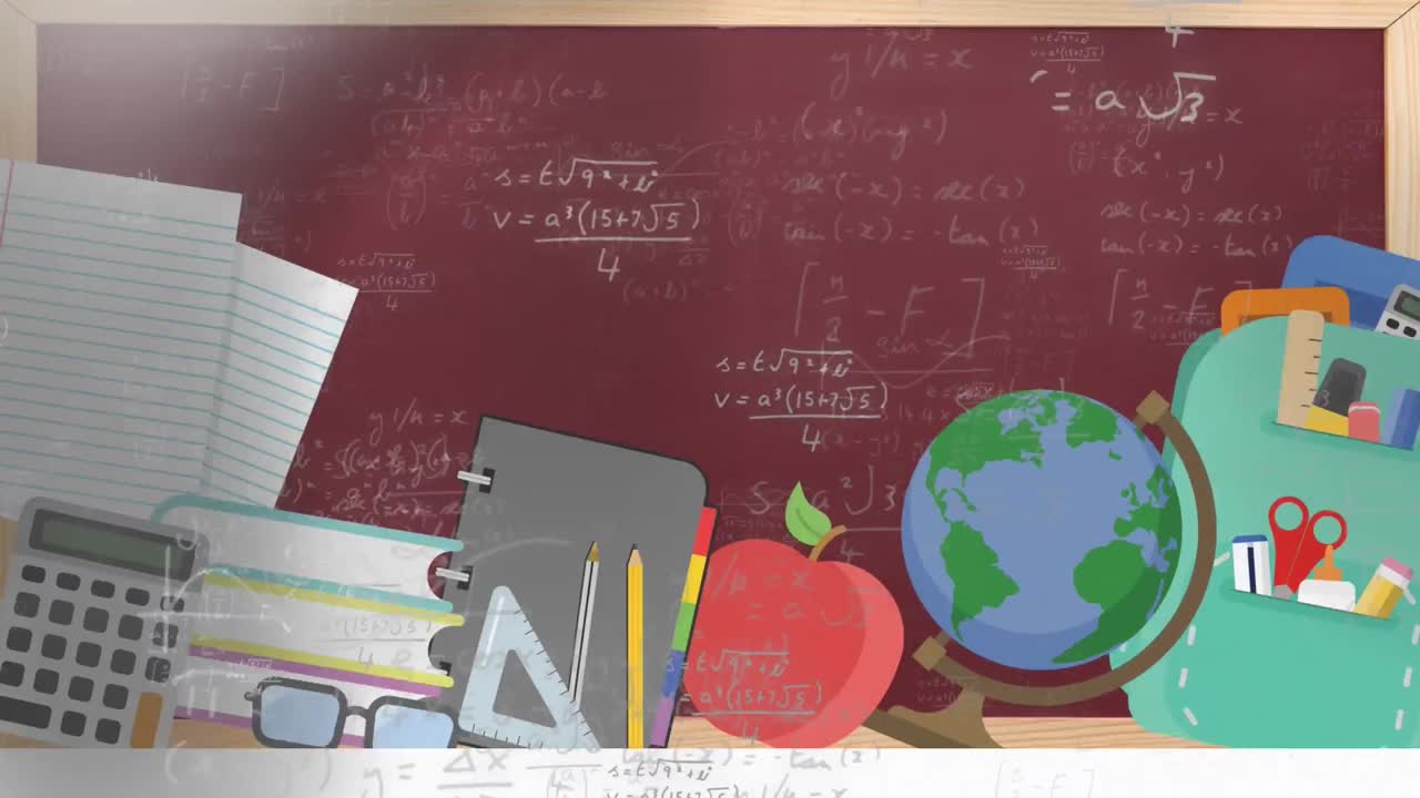 Animasi persamaan matematika dan ikon sekolah dengan papan tulis