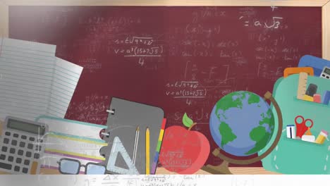 animation of mathematical equations and school icons with blackboard