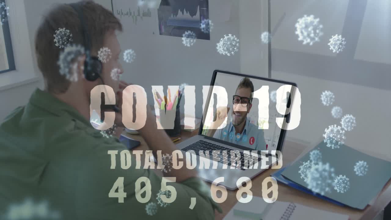 코로나 19 세포의 애니메이션과 비디오 통화에 노트북을 사용하는 여성에 대한 사례 수