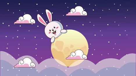 animación del festival de mediados de otoño con conejo y luna llena en las nubes