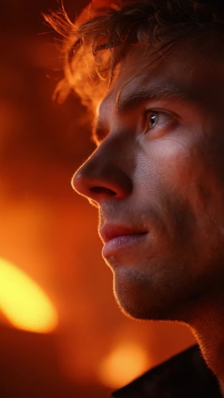Primo piano spontaneo di un giovane uomo pensieroso su uno sfondo caldo e luminoso, che evoca un senso di introspezione e profondità emotiva in un ambiente incantevole