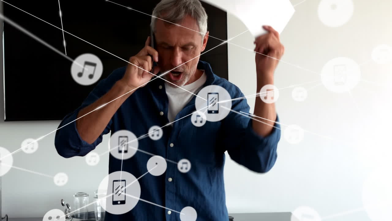 animación del procesamiento de datos financieros sobre un empresario caucásico en un teléfono inteligente